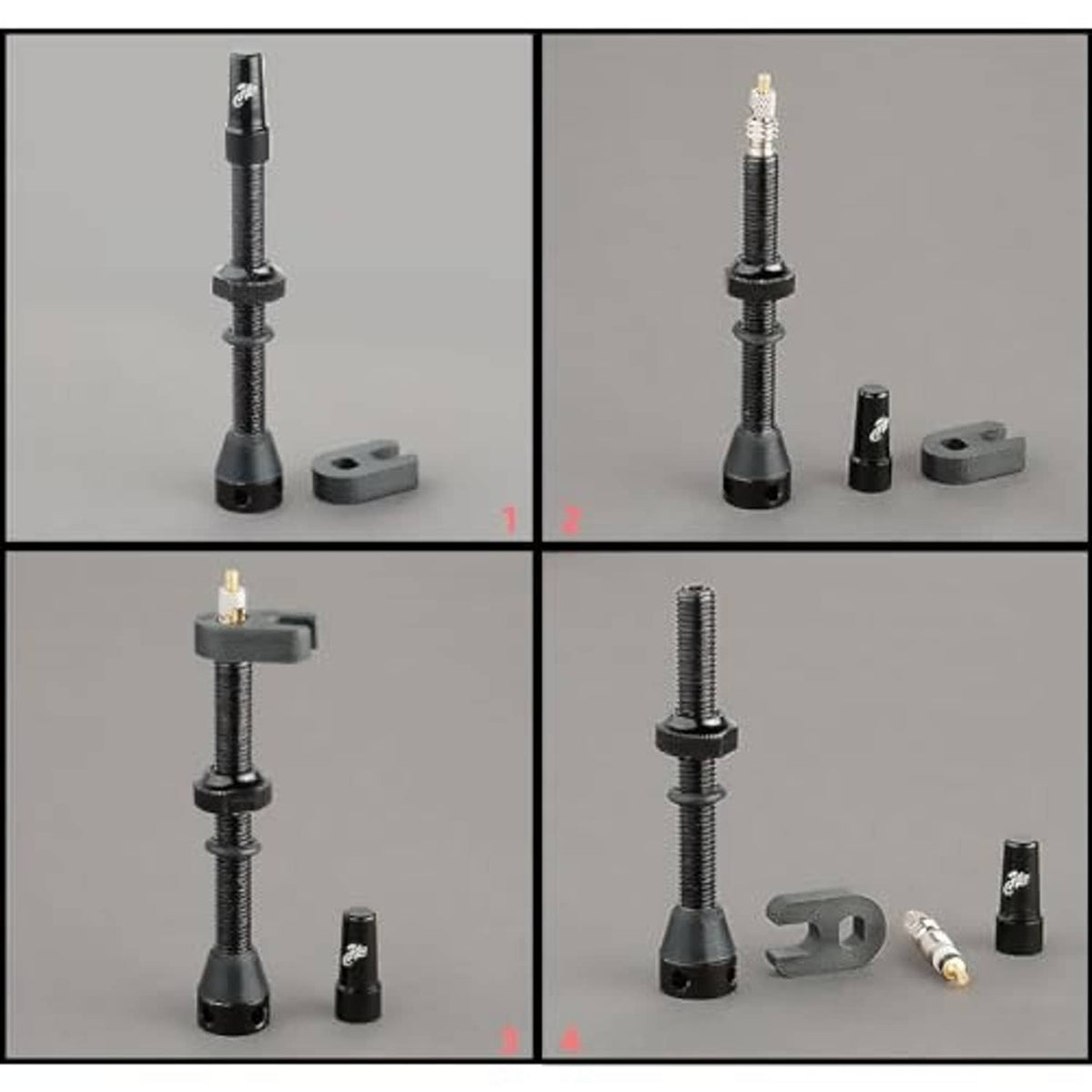 Presta bicycle valve stems kit with black stems, washers, cap, L tool