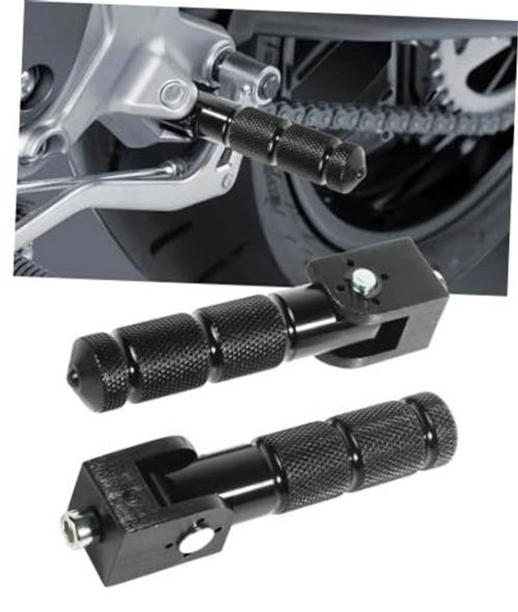Motorcycle foot pegs pair with textured rubber grips and black aluminum mounting blocks