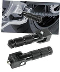 Motorcycle foot pegs pair with textured rubber grips and black aluminum mounting blocks