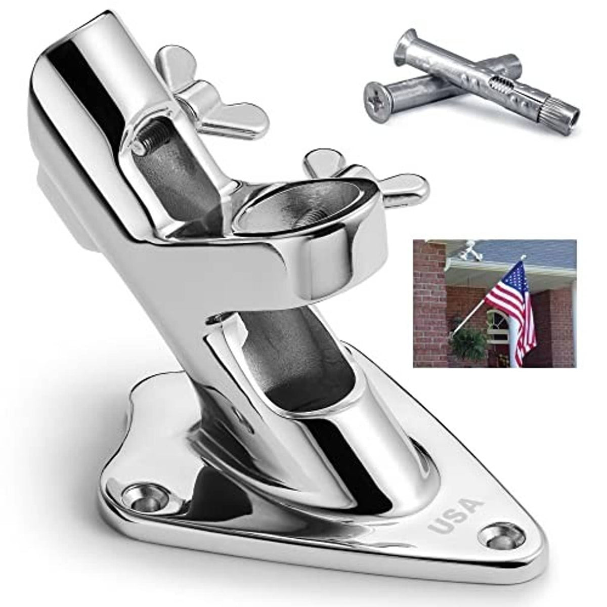 Stainless steel flag pole holder with clamp and matching mounting hardware bolts