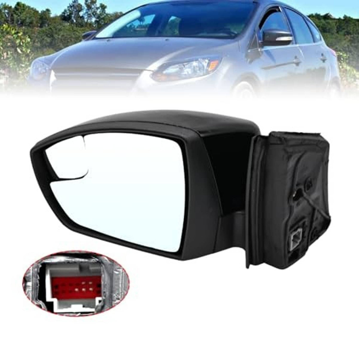 Left side mirror assembly with black housing and integrated turn-signal connector detail