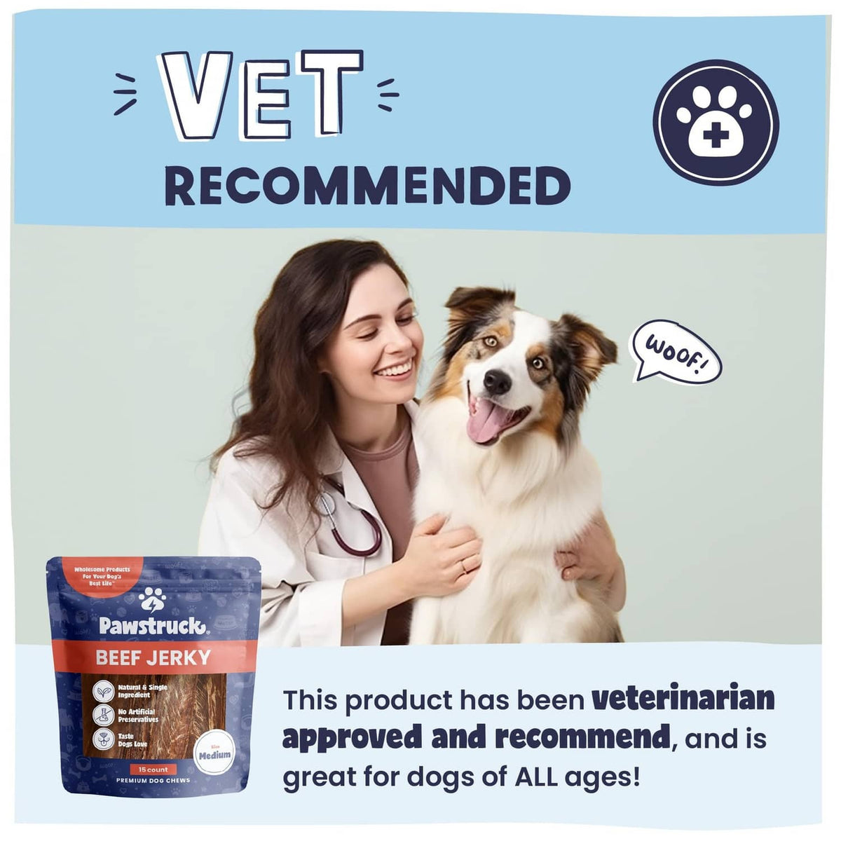 Veterinarian recommended Pawstruck beef jerky treats with dog and treat pouch