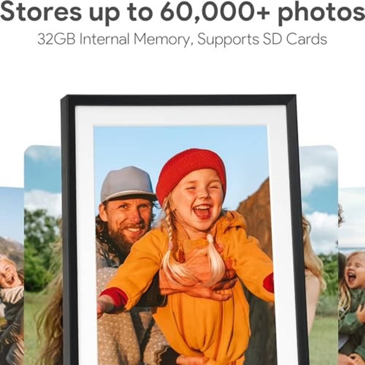 Black digital picture frame with child portrait photo on screen