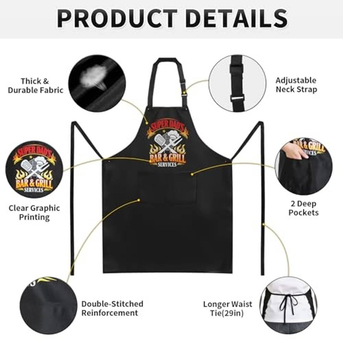 Black grilling apron features: thick fabric, adjustable neck strap, two deep pockets