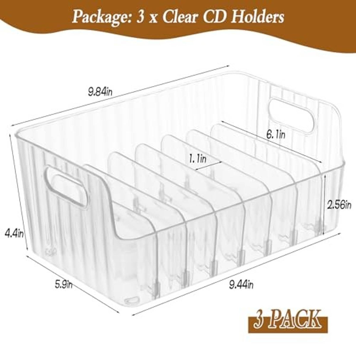 Clear acrylic CD holder rack dimensions diagram for 3-pack with divider slots