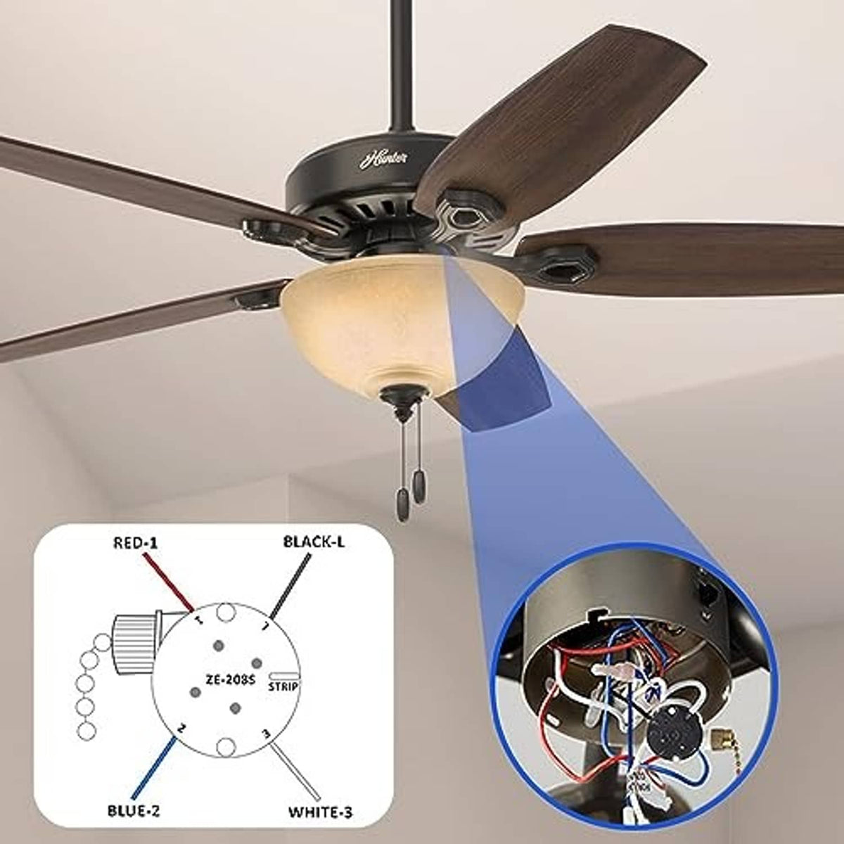 Ceiling fan pull chain switch assembly with wiring inside fan canopy and blue wire