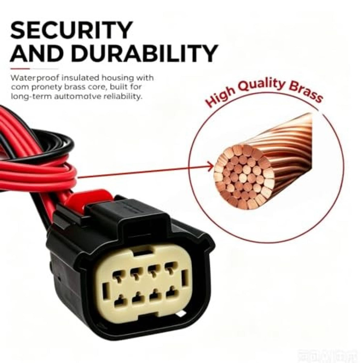 8-pin wiring connector pigtail with black plug housing and red/black insulated wires