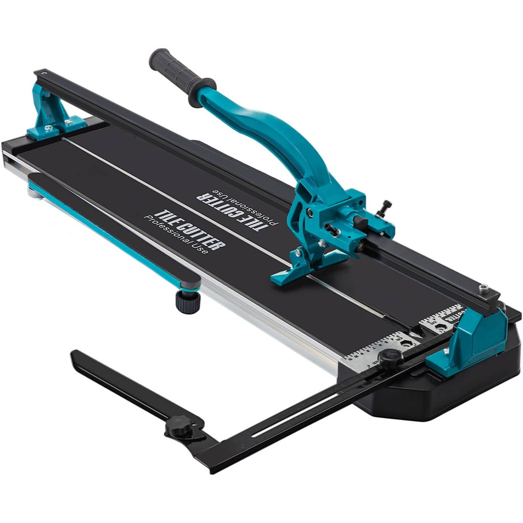 Manual tile cutter with teal handle, black cutting base, and adjustable rail guides