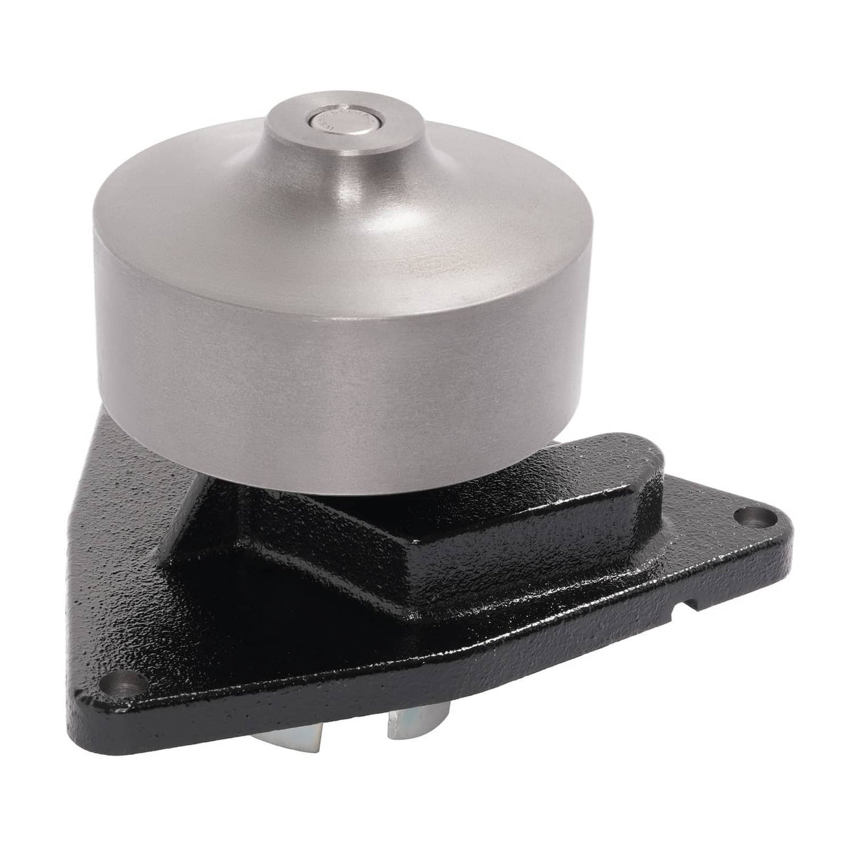 Water pump with silver top cap and black base plate, mounting bolt holes