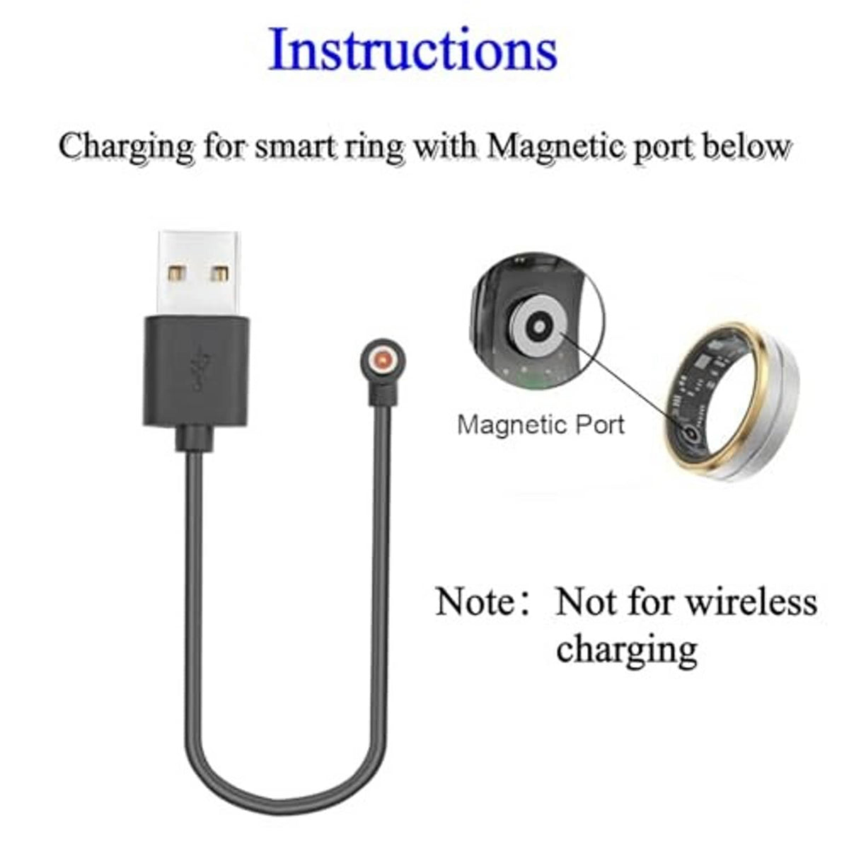 Magnetic smart ring charging cable, black, with USB-A plug and magnetic charging port