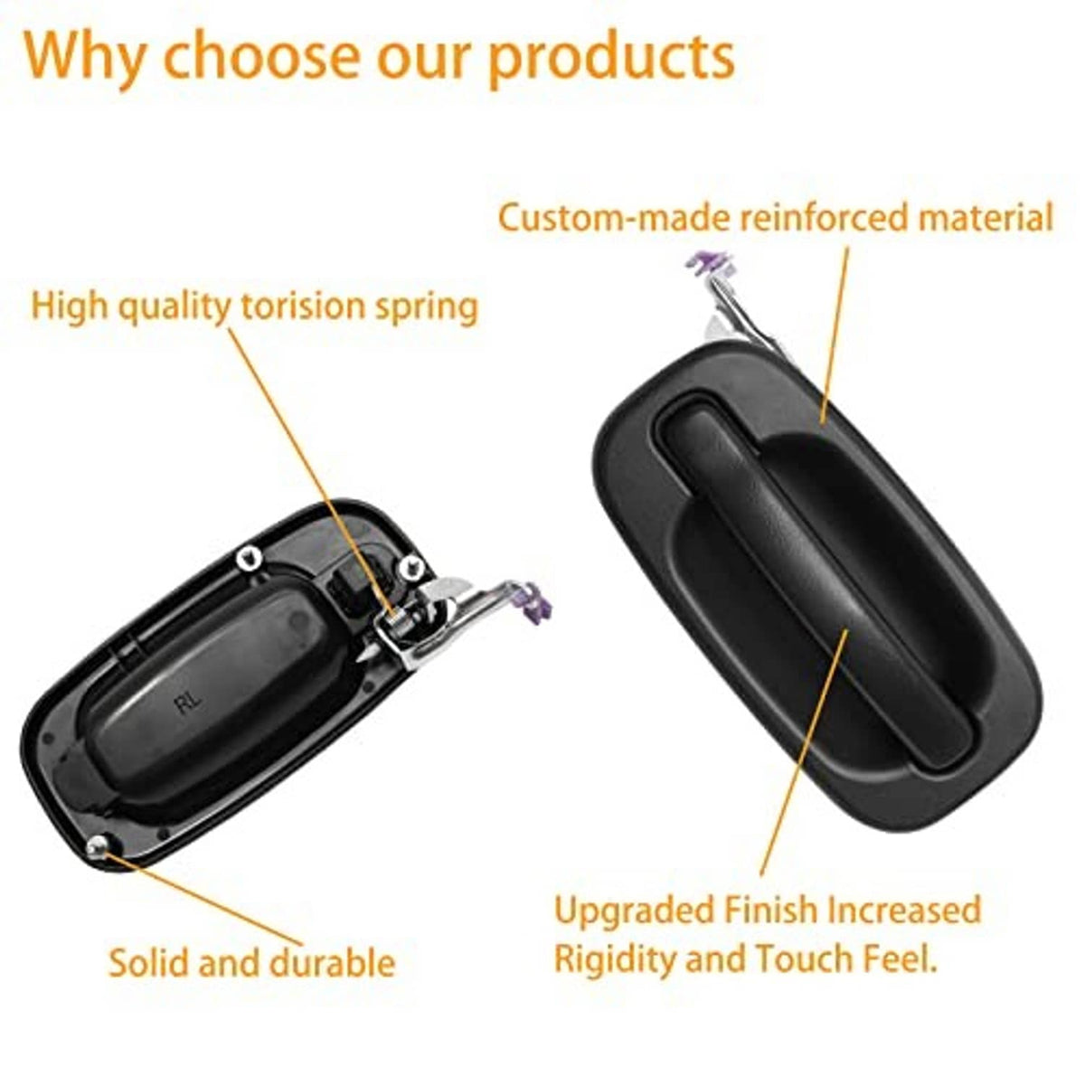 Exterior door handle levers with black housings, showing internal torsion spring detail