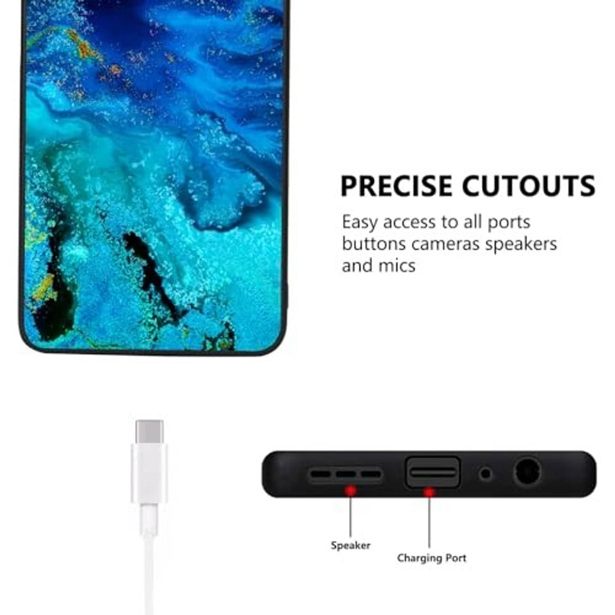 Galaxy blue phone case showing precise side cutouts for charging and audio ports