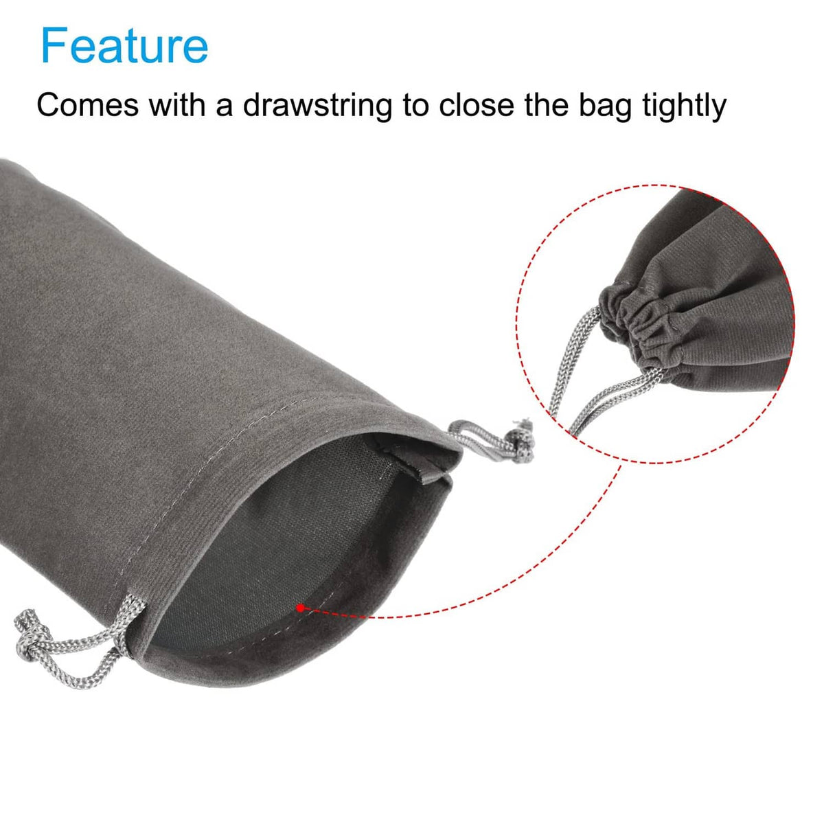 Gray microfiber drawstring pouch with cinched opening and gray cord ties