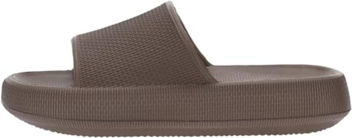 Chocolate-brown slide pillow slippers with wide knit upper and cushioned sole