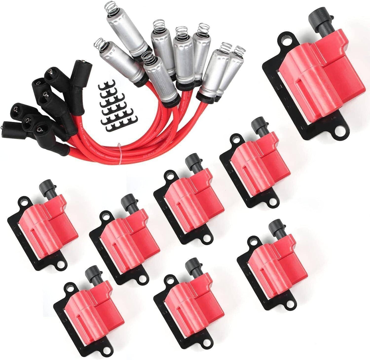 Ignition coil set with red modules, black boots, and spark plug wire leads