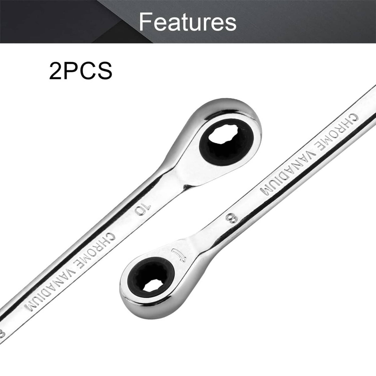 Pair of chrome metric ratcheting double box-end wrenches, 8 mm and 10 mm, close-up