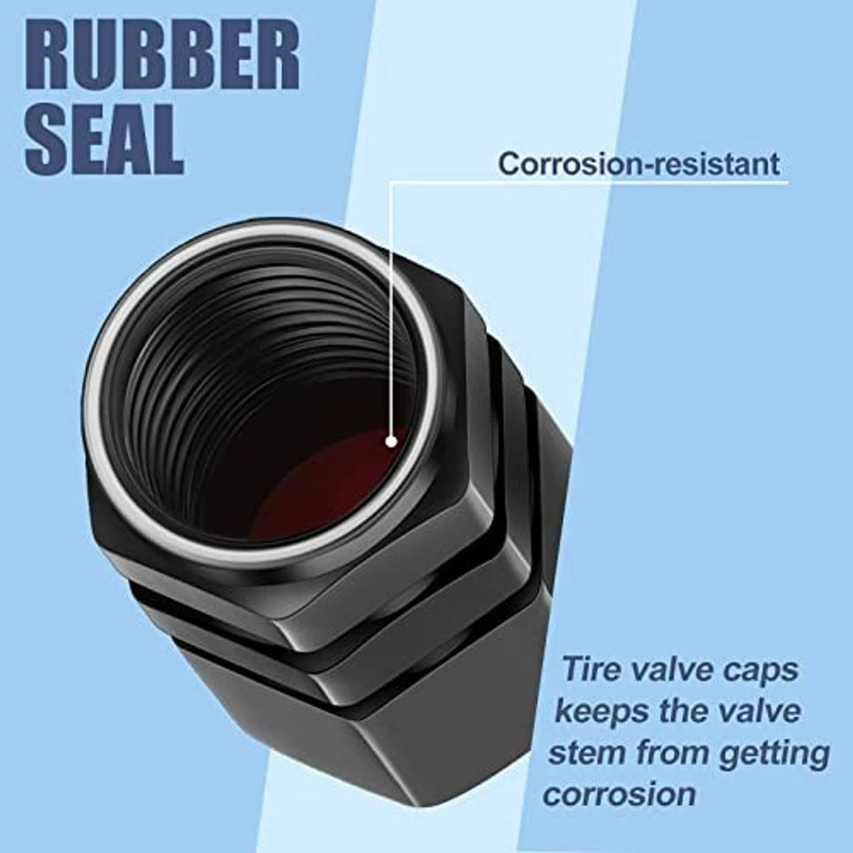 Black hexagonal tire valve cap with rubber-seal opening visible
