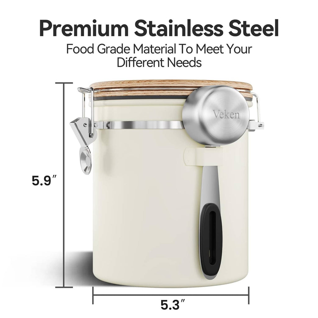 Cream stainless canister with bamboo-style lid, clamp latch, and side spoon hook