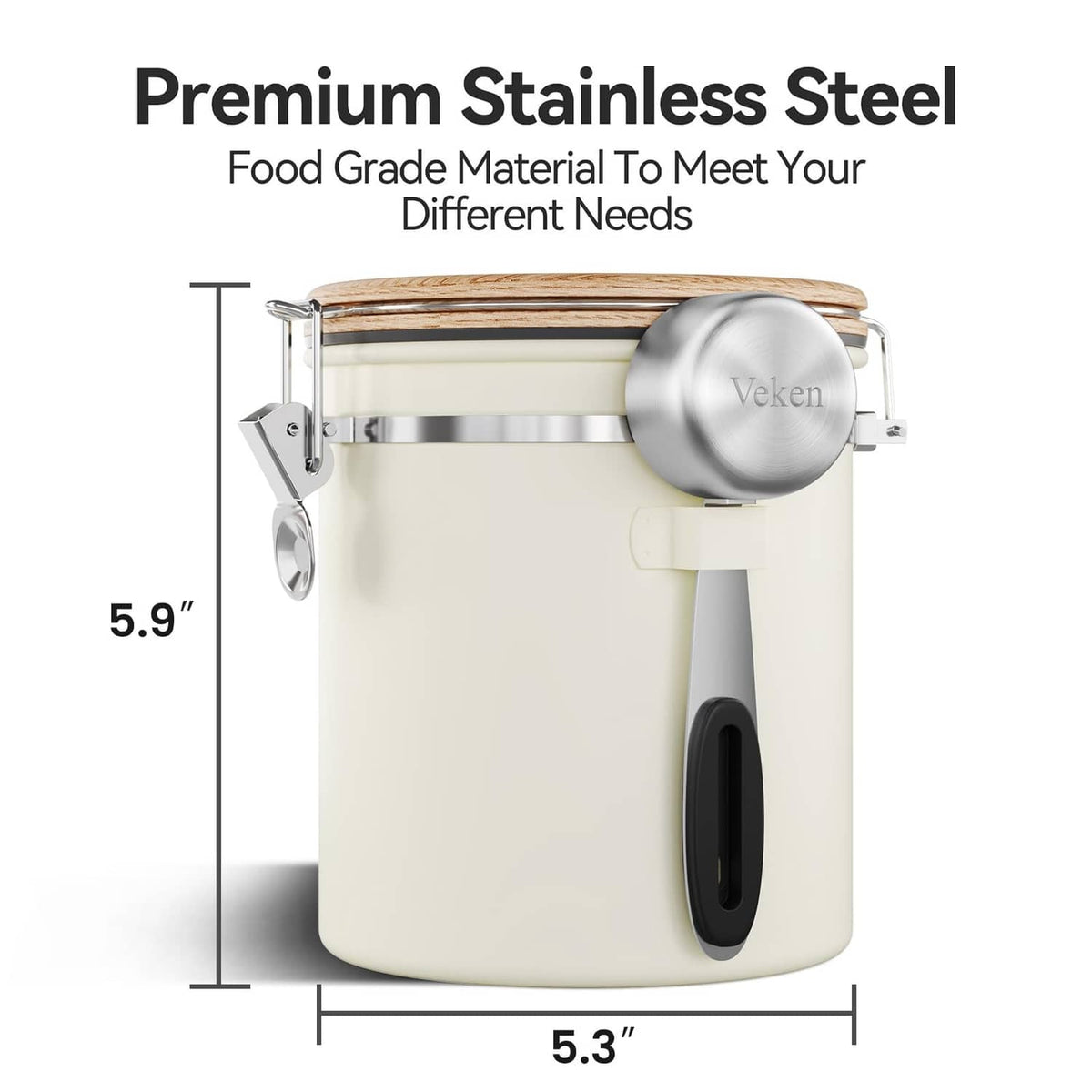 Cream stainless canister with bamboo-style lid, clamp latch, and side spoon hook