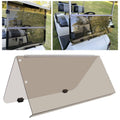 Tinted folding golf cart windshield panel with metal mounting brackets, smoky clear glass