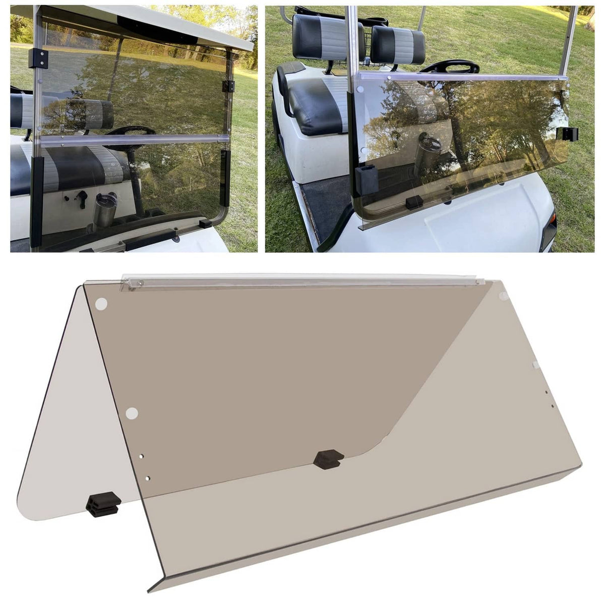 Tinted folding golf cart windshield panel with metal mounting brackets, smoky clear glass