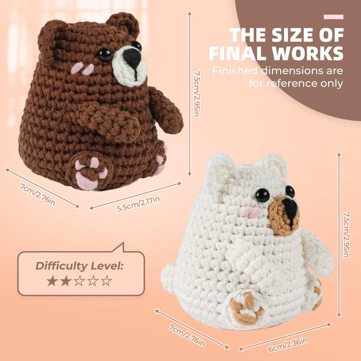 Crochet bear plush set with brown and white bears, shown in front and side views