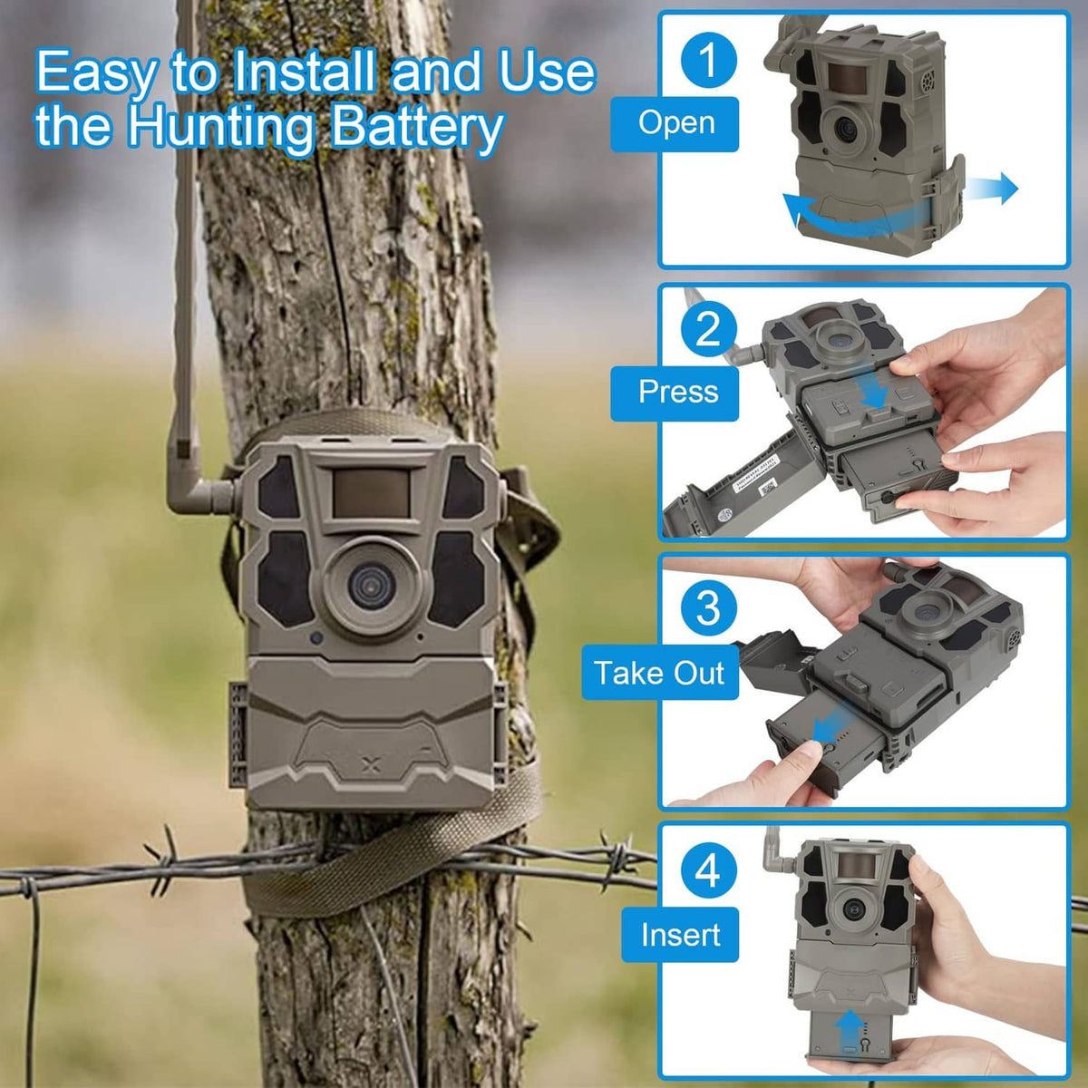Gray rechargeable battery pack installed on a hunting trail camera