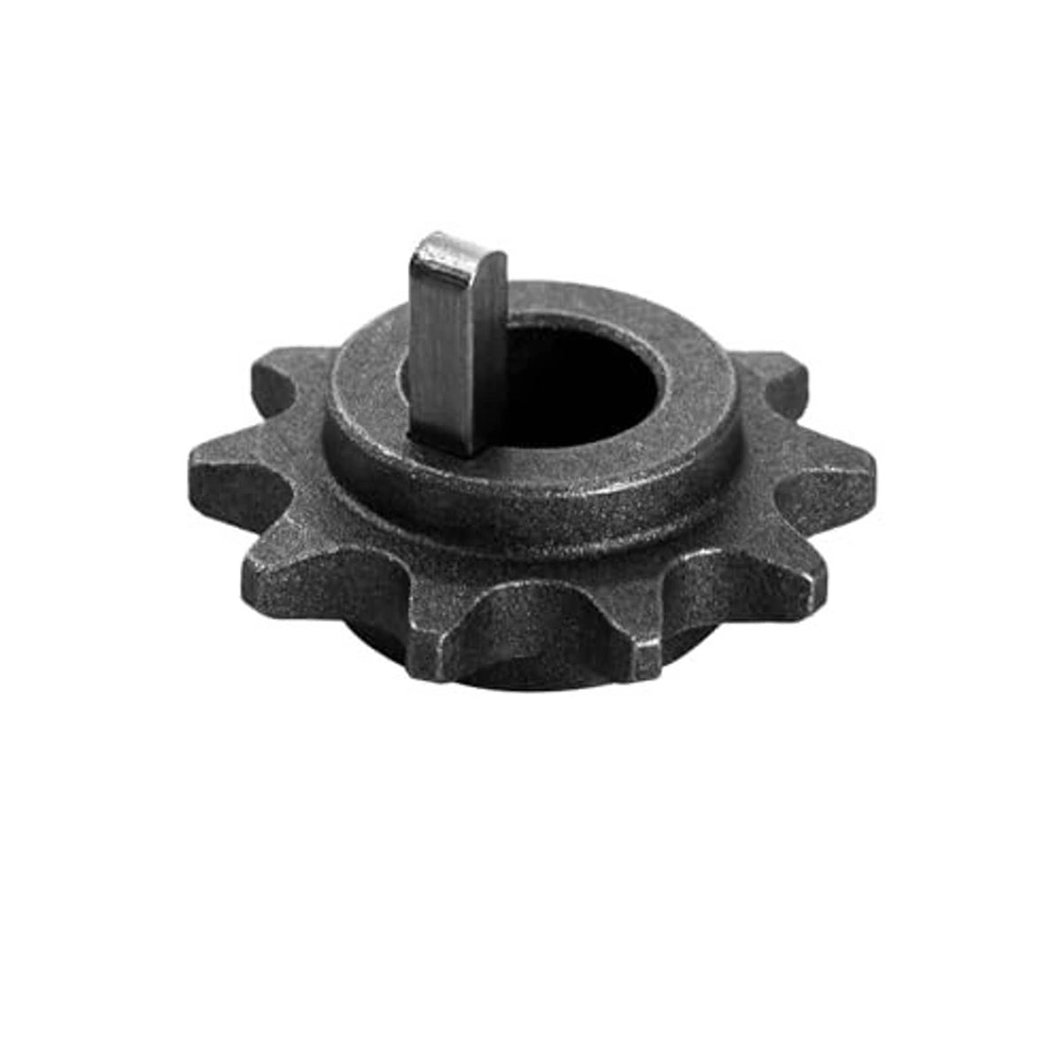 10-tooth chain front sprocket gear, dark gray steel, close-up view of center bore