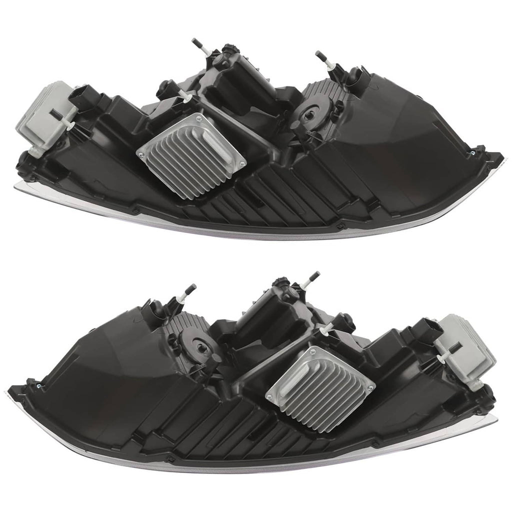 LED headlight housings shown from rear, black plastic shells with multiple connectors.