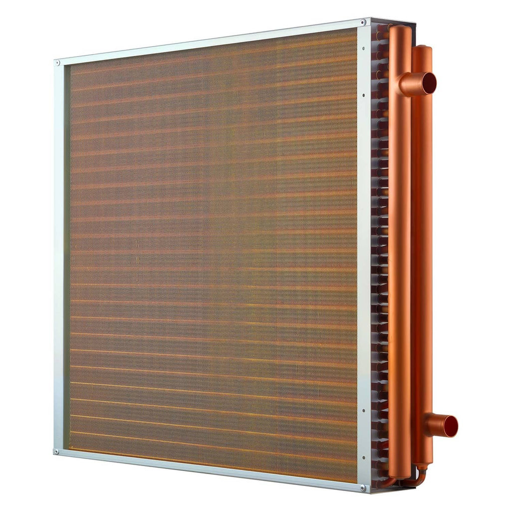 Water-to-air heat exchanger coil with brown fin matrix and copper tube fittings at side