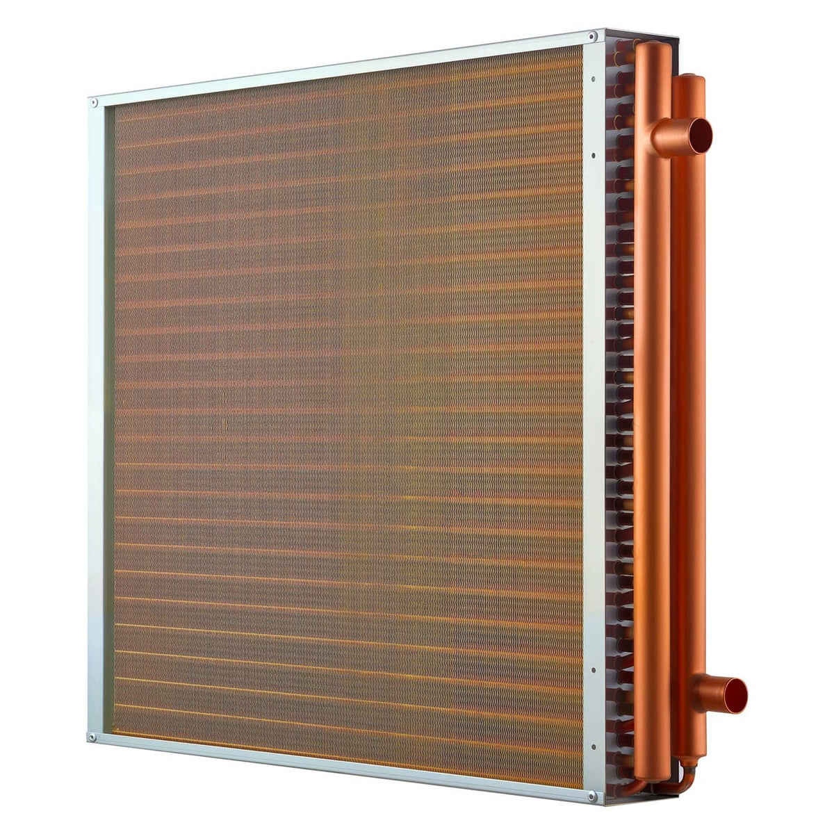 Water-to-air heat exchanger coil with brown fin matrix and copper tube fittings at side