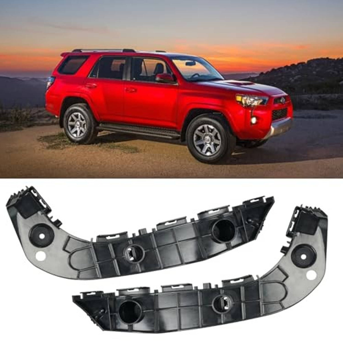 Front bumper bracket pair, black plastic curved supports with mounting tabs