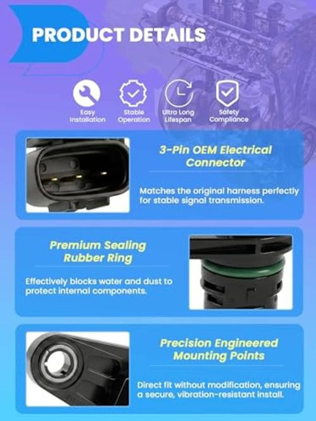 Camshaft position sensor product details graphic showing 3-pin connector and sealing ring