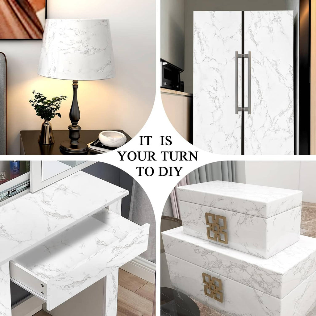 Glossy white marble contact paper roll and applied countertop sections for DIY