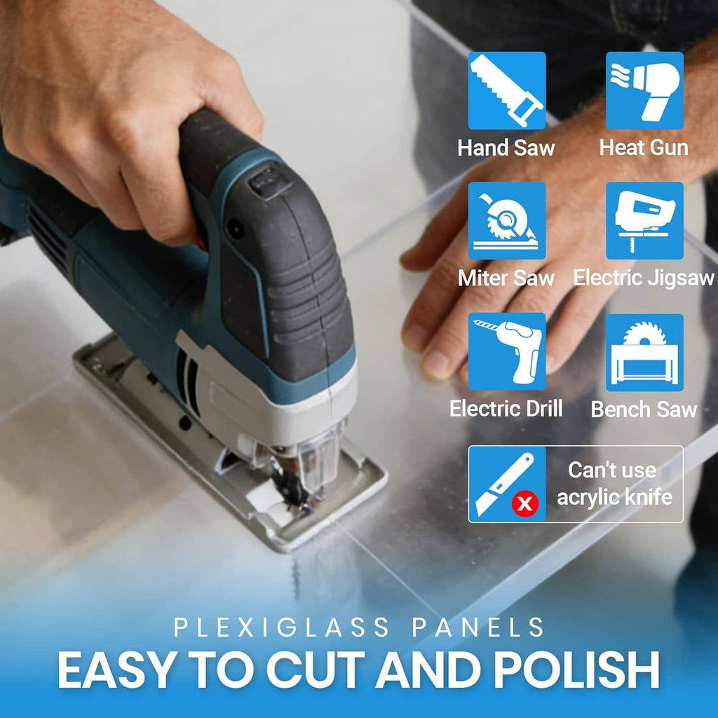 Clear acrylic sheet being cut with an electric jigsaw, easy to polish