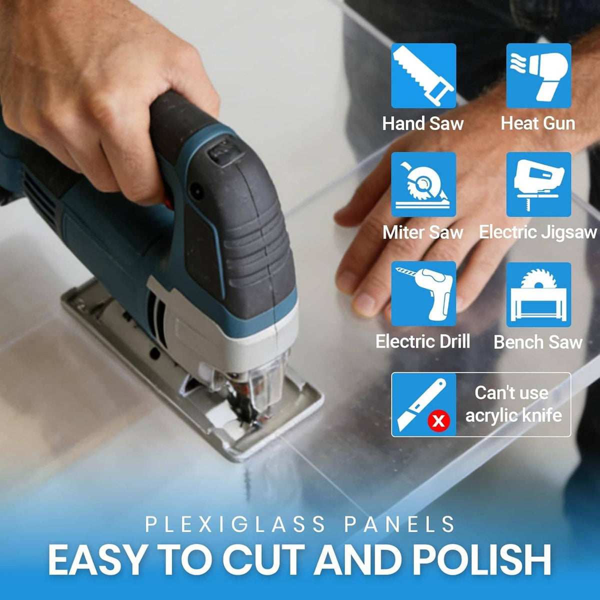 Clear acrylic sheet being cut with an electric jigsaw, easy to polish