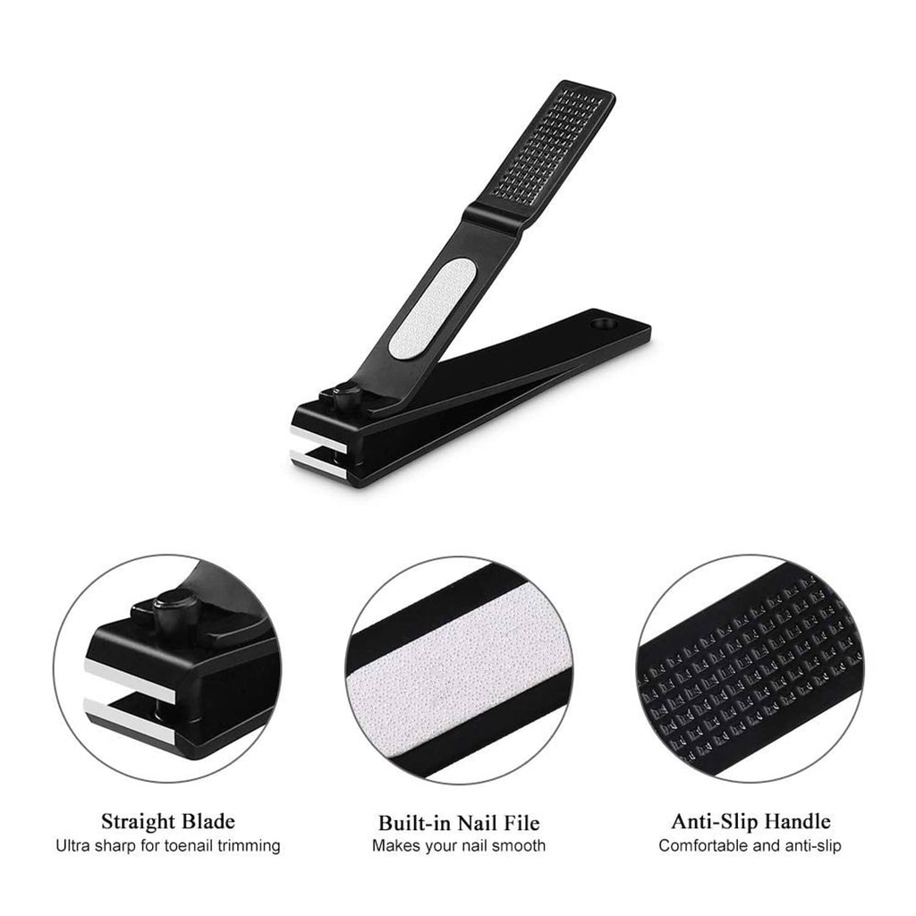 Black nail clipper with straight blade, built-in nail file, and anti-slip handle