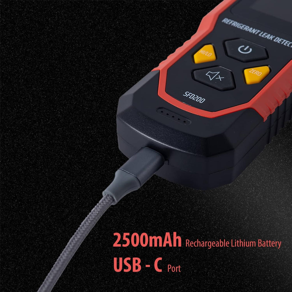 Portable refrigerant leak detector with probe tip, buttons, and USB-C charging port