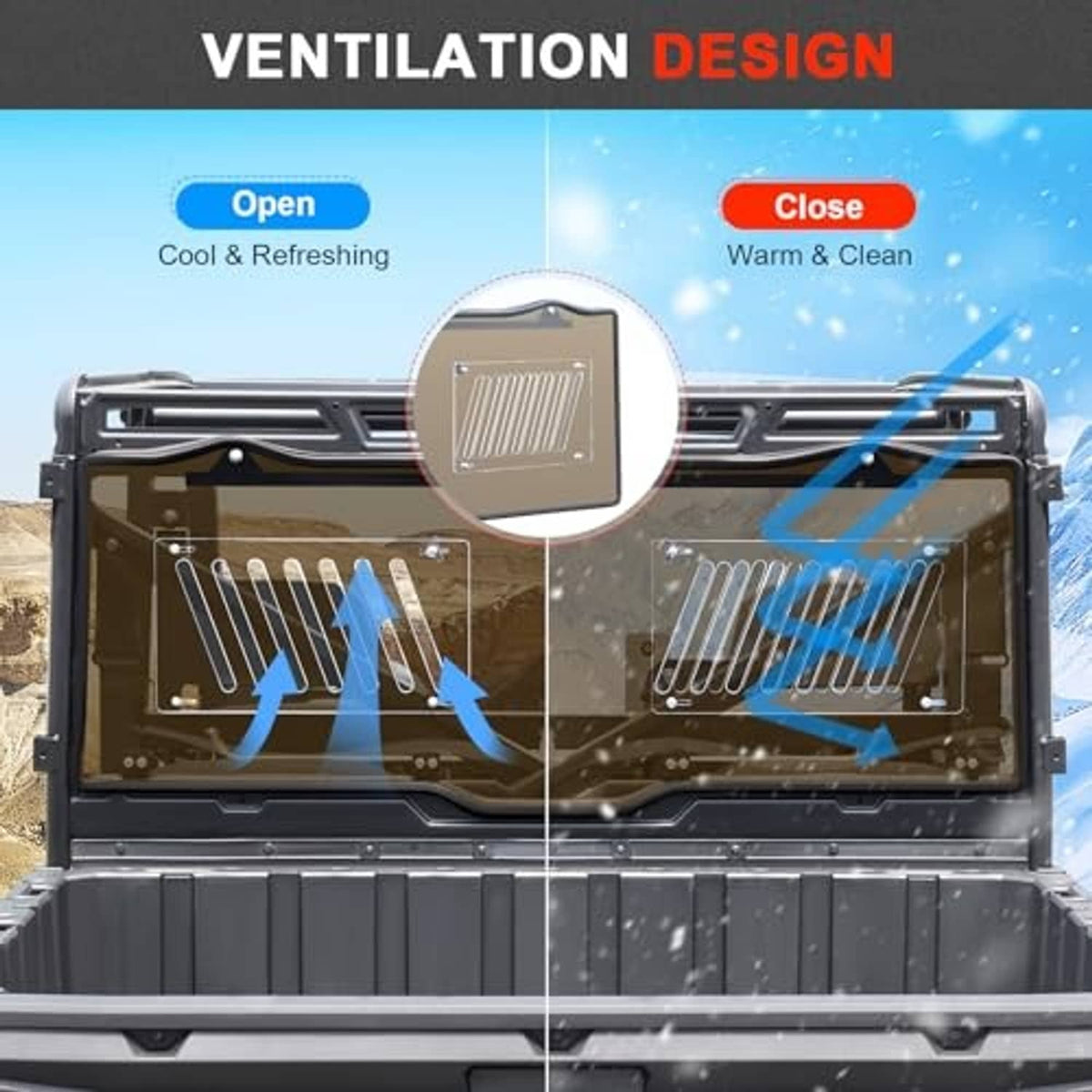 Vented tinted rear window with open/close ventilation ports and two vent grille areas