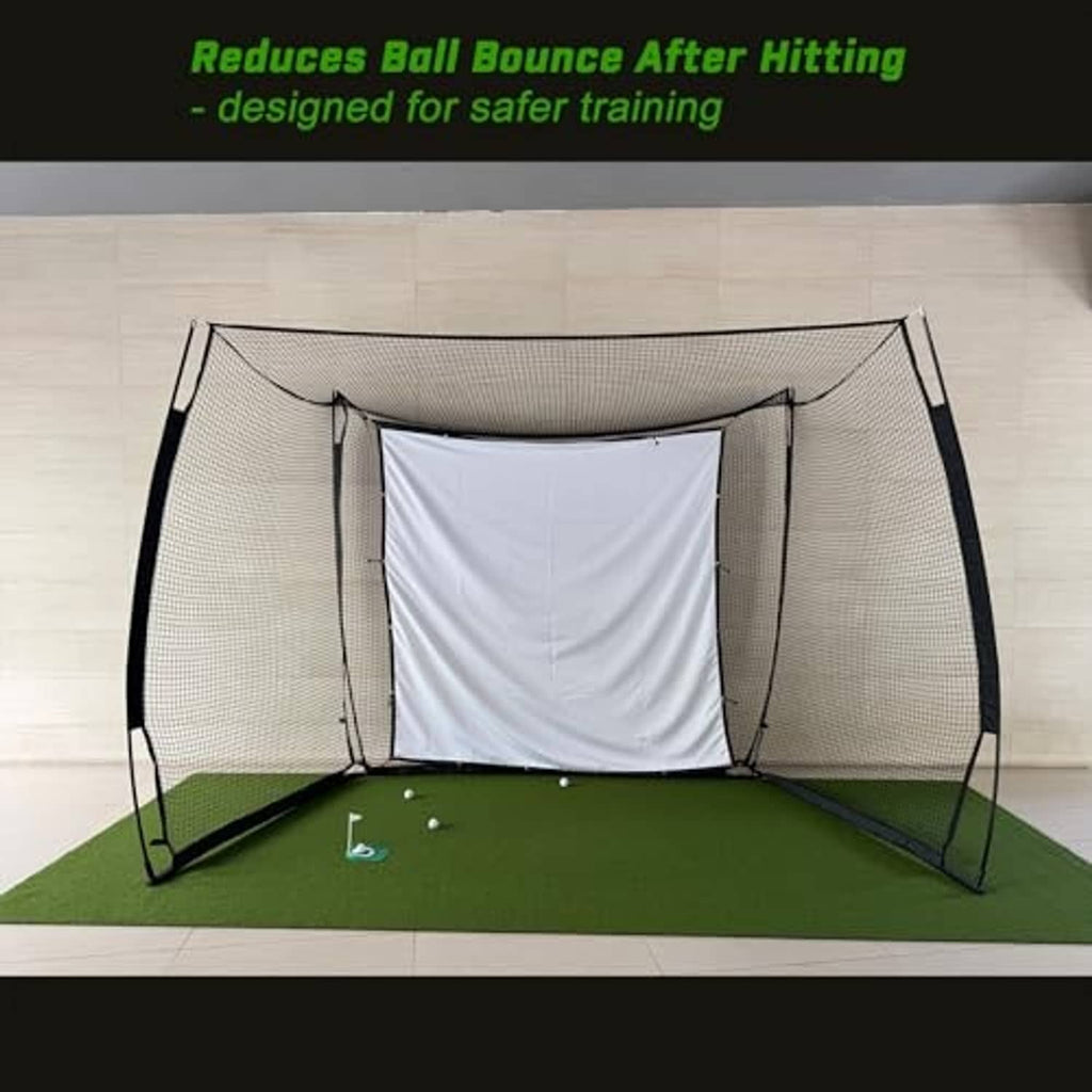 Green golf hitting area turf mat in front of a practice net and ball setup