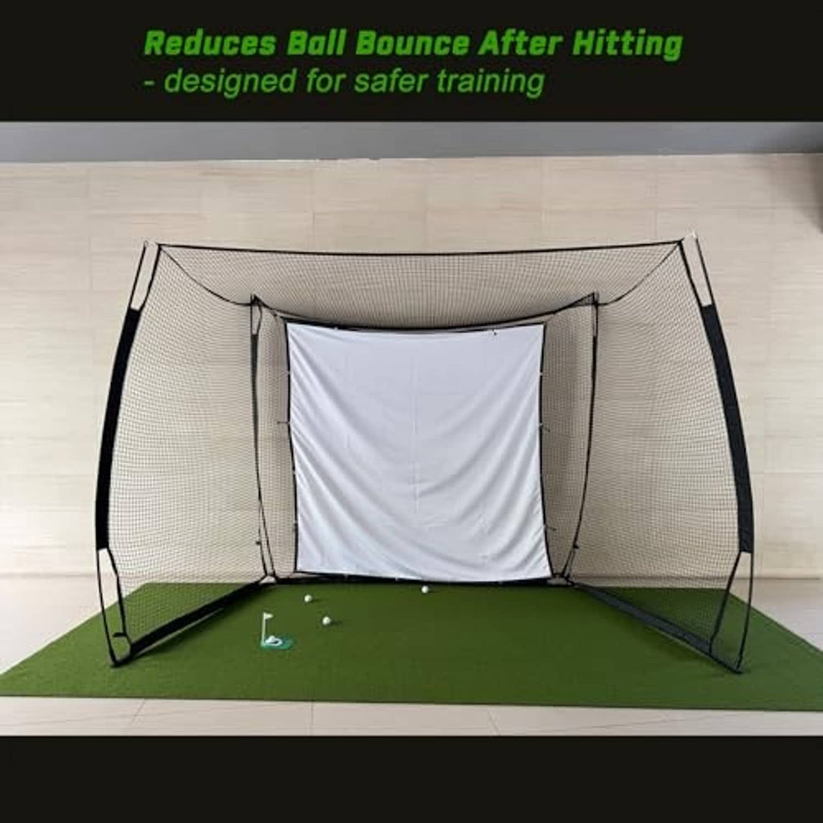 Green golf hitting area turf mat in front of a practice net and ball setup