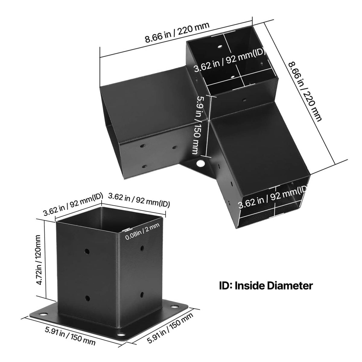 Black 3-way inner corner bracket with inside diameter cutout and mounting hole plates