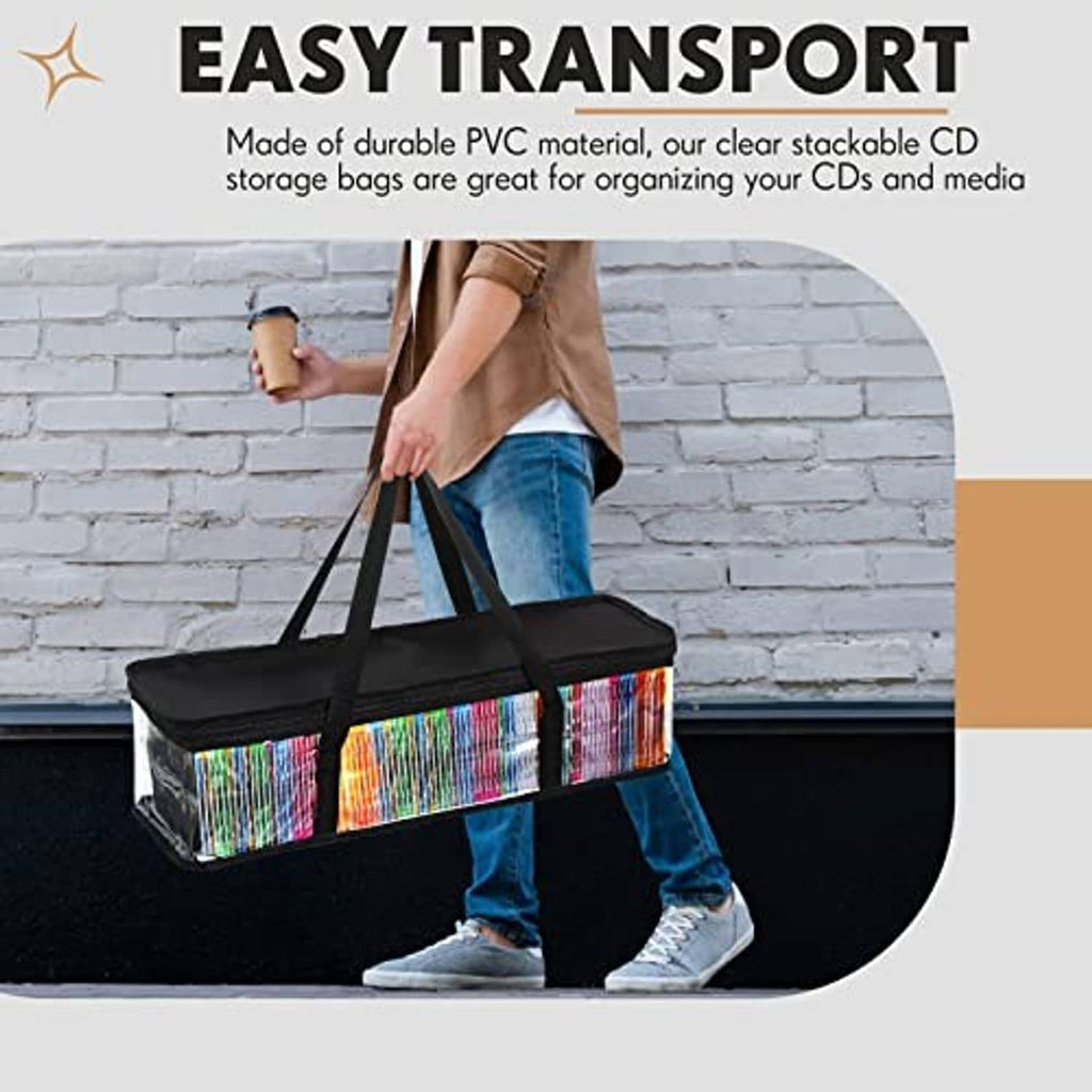 Black CD storage bag with clear PVC compartment and rainbow-striped side panels, tote handle