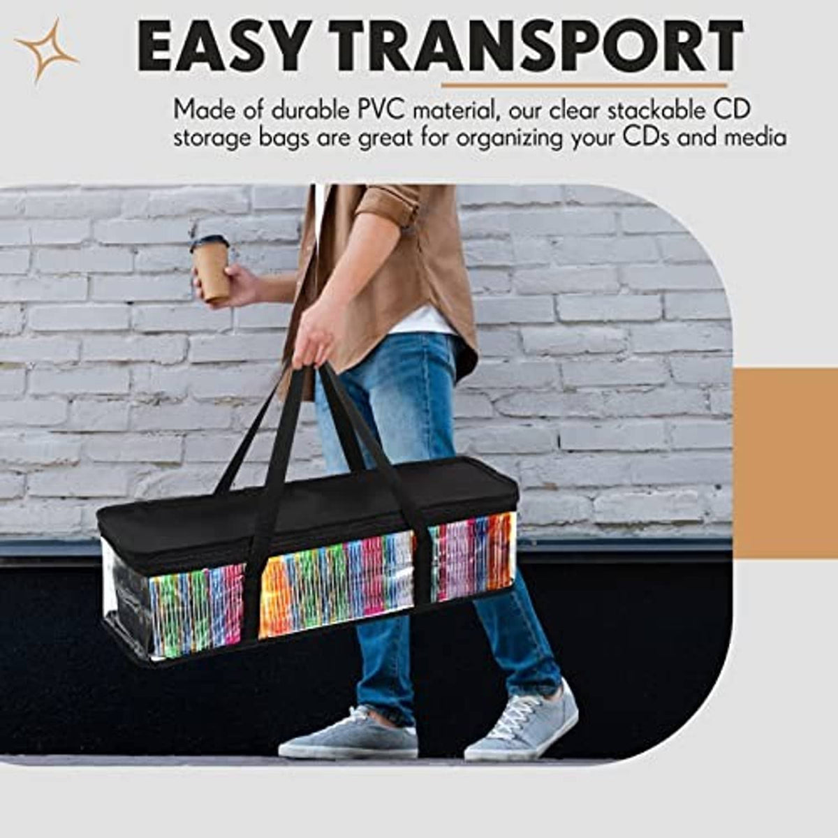Black CD storage bag with clear PVC compartment and rainbow-striped side panels, tote handle
