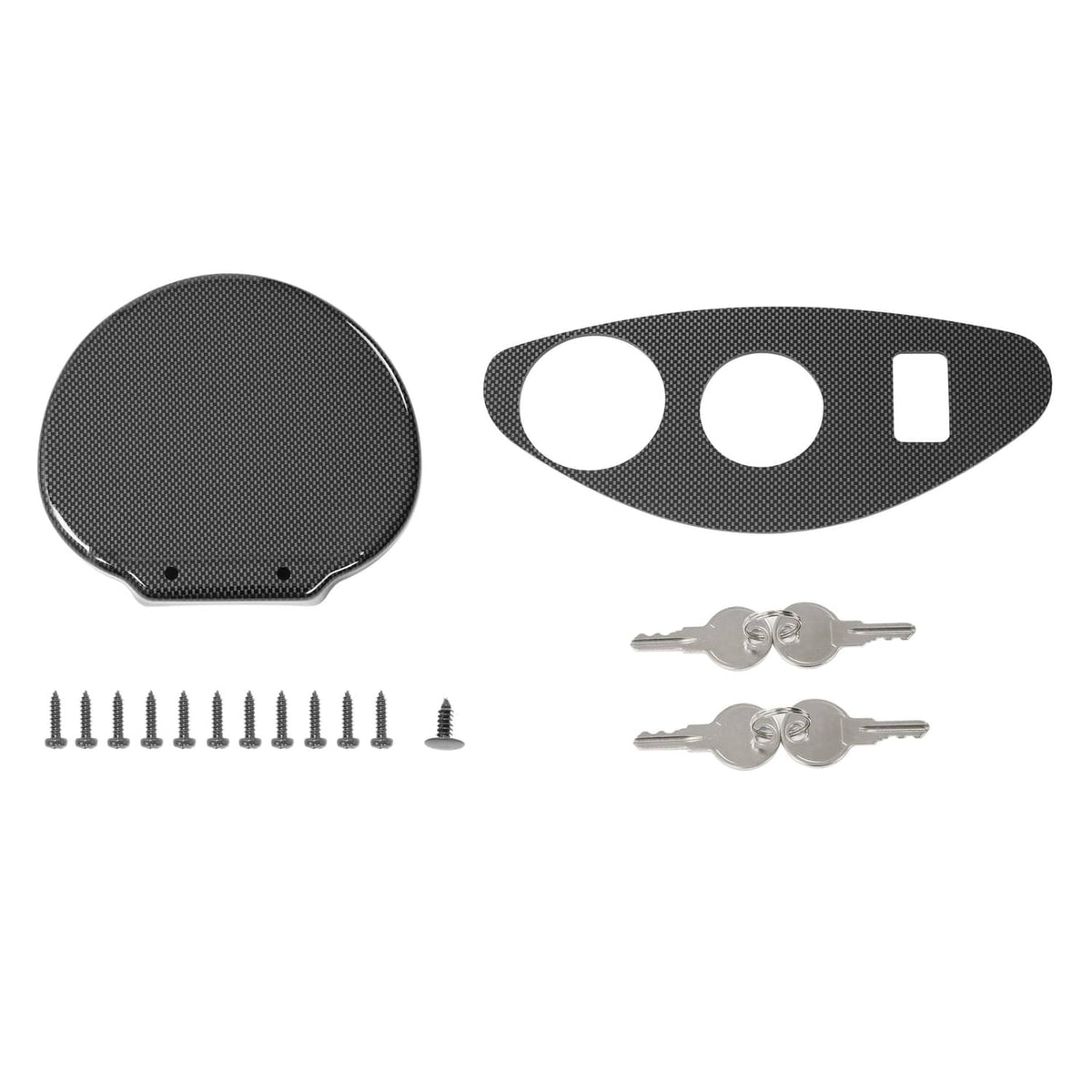 Dash board cover set with carbon fiber style pieces, screws, and two key sets