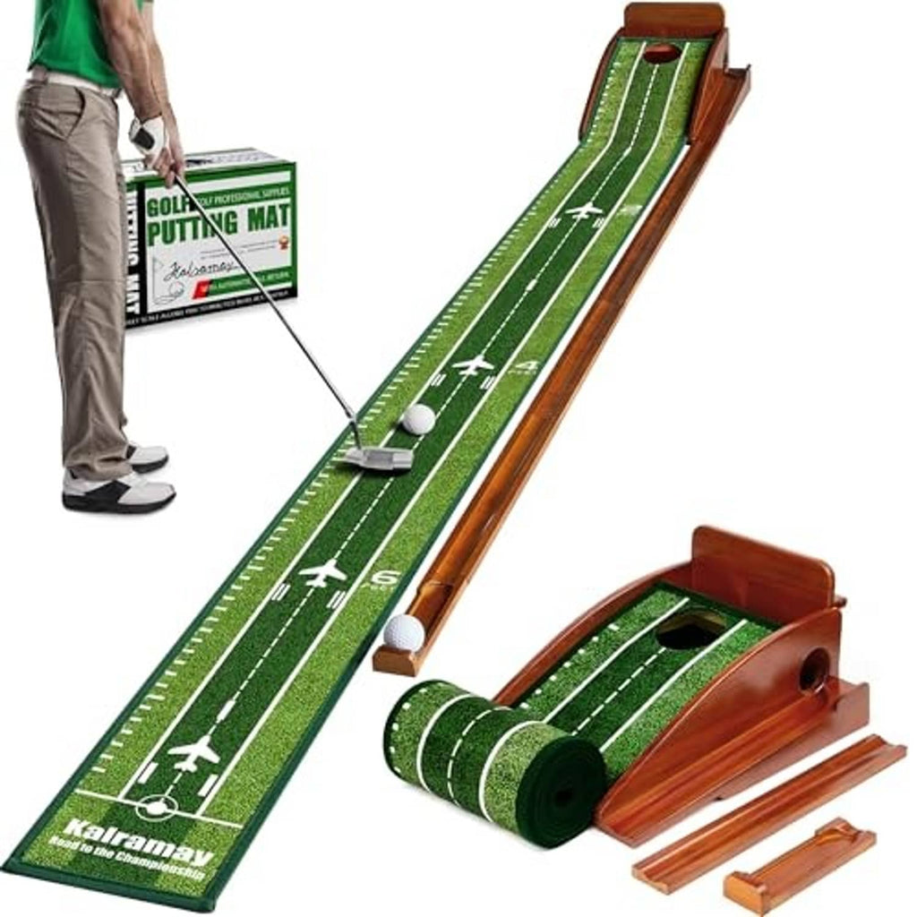 Green putting mat golf training kit with wooden track, ball return, and storage pieces