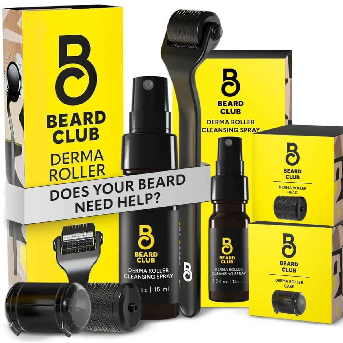 Beard derma roller kit with black replaceable roller head and cleansing spray bottle