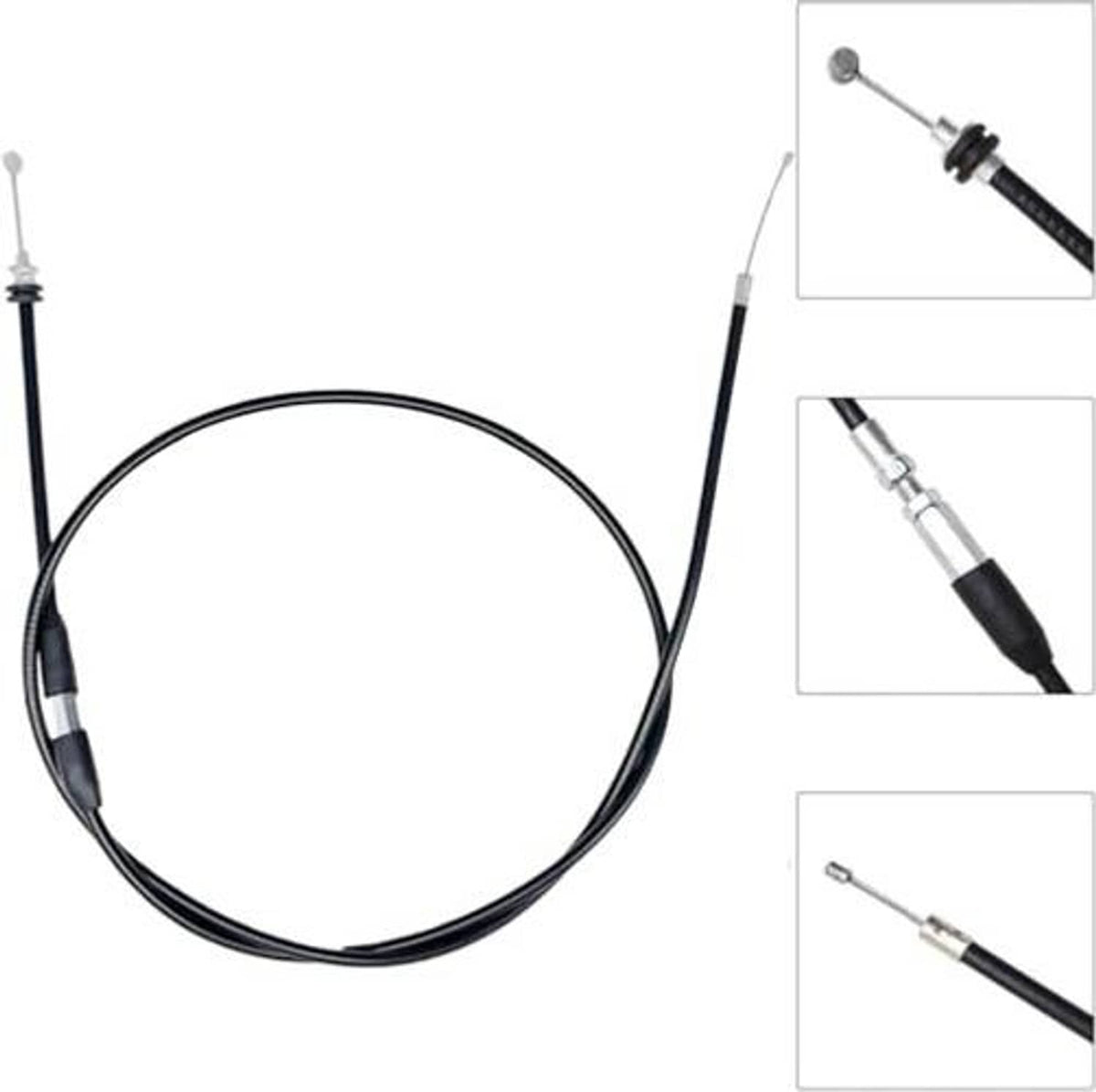 Thumb throttle cable assembly with black cable loop and silver connector ends; detail views shown