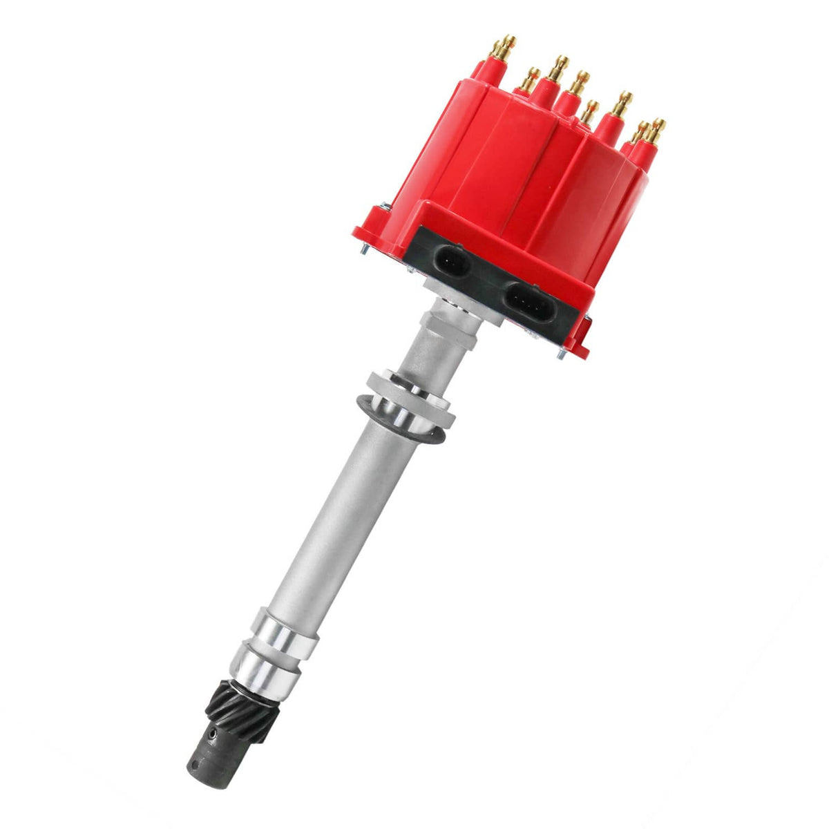 Red ignition distributor with angled housing, silver shaft, and black connector tip