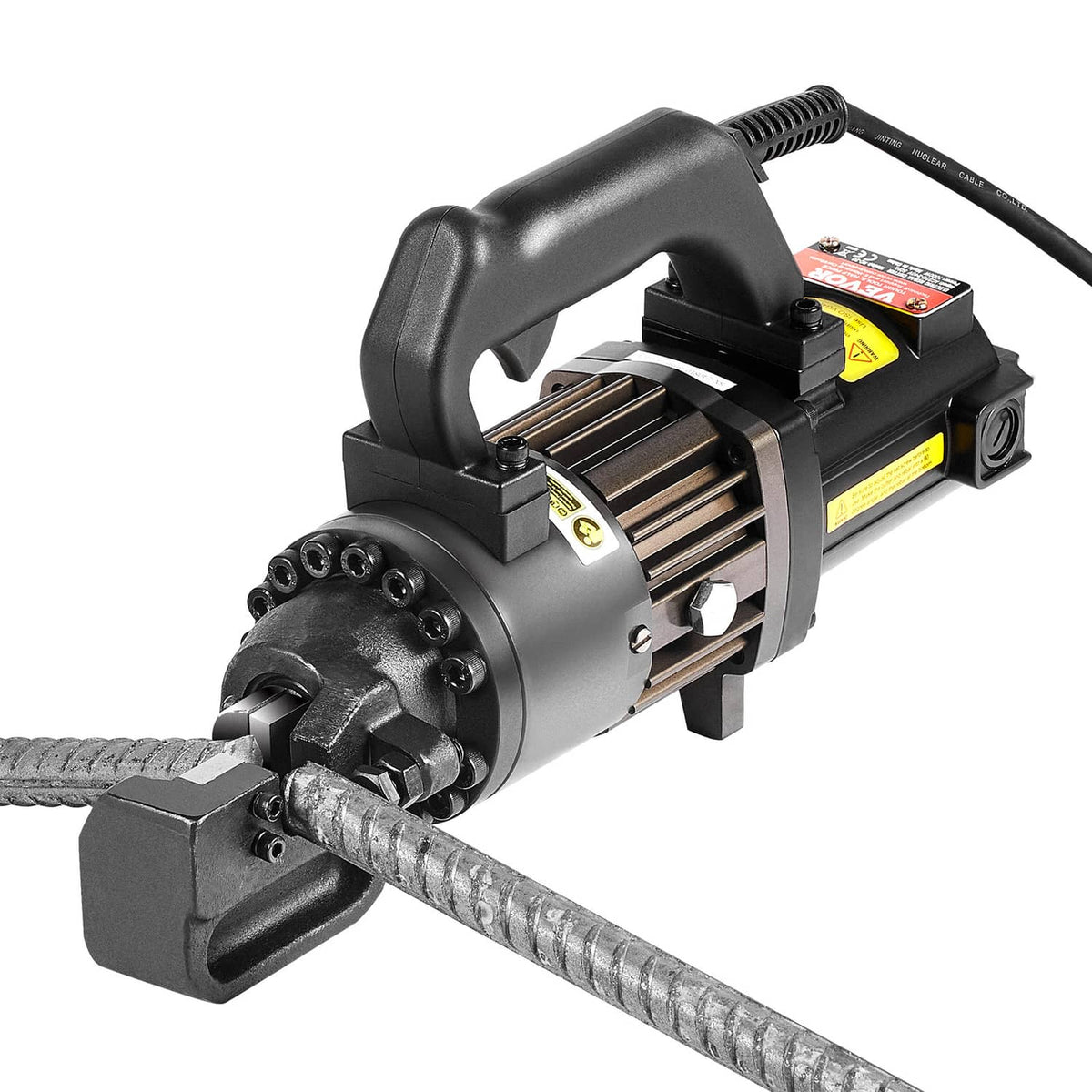 Electric hydraulic rebar cutter with front jaws clamped on ribbed rebar